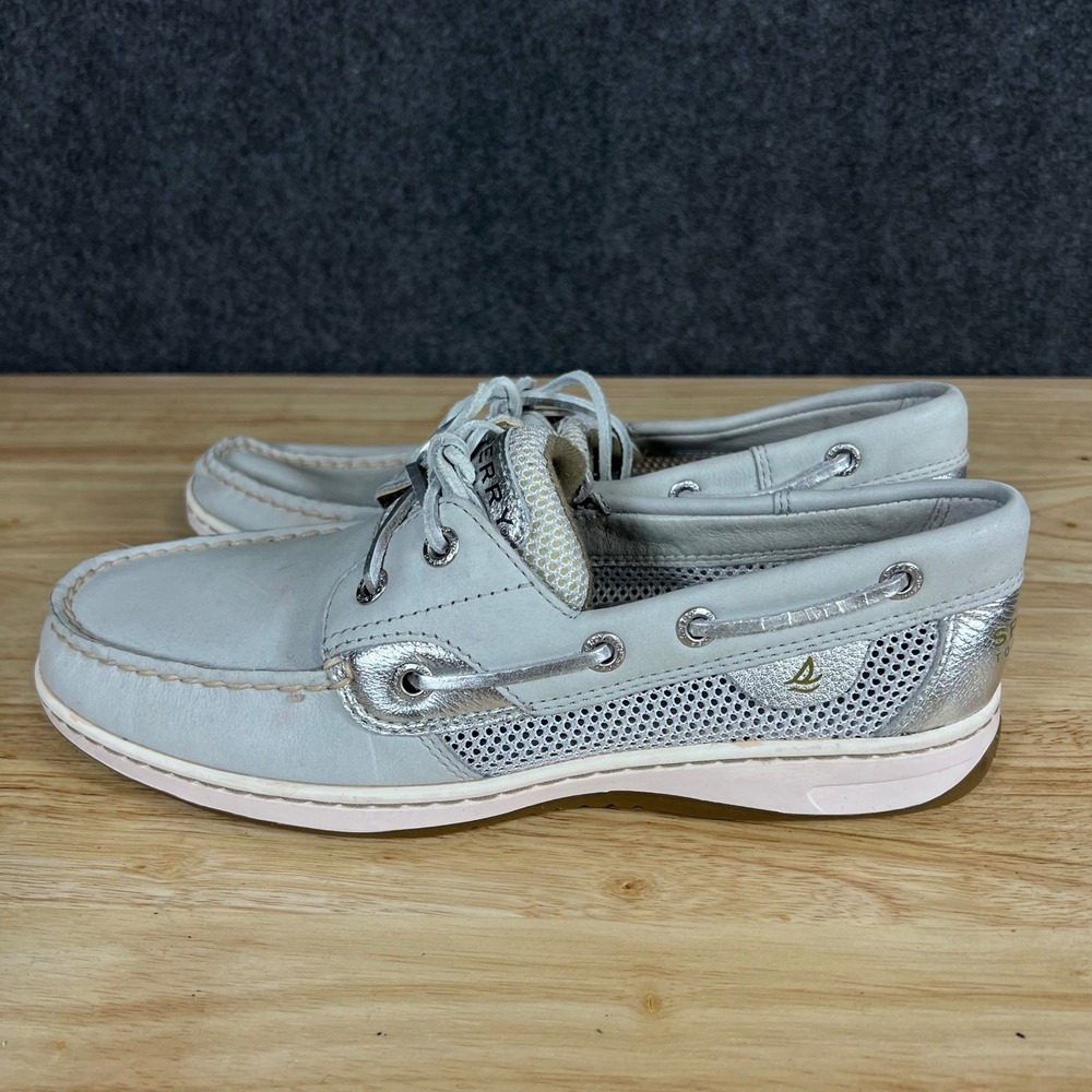 Sperry Top-Sider Blue Fish Grey Silver Leather Mesh Boat Shoes 9841669 Womens 8M